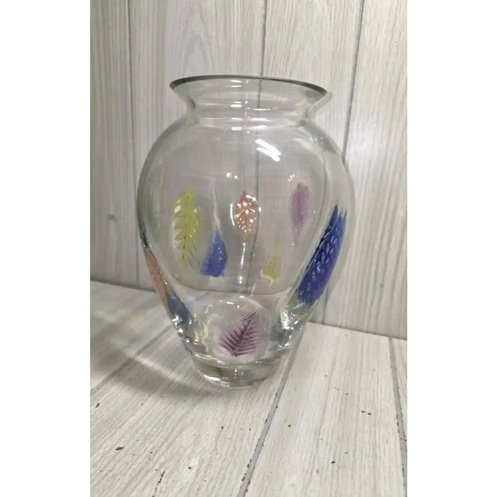 Vtg Urn Shaped Art Glass Vase Multicolored Leaves Beautiful 10